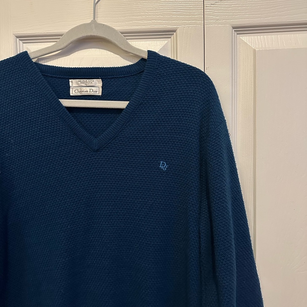 Christian Dior Navy Blue V-Neck Sweater - Large